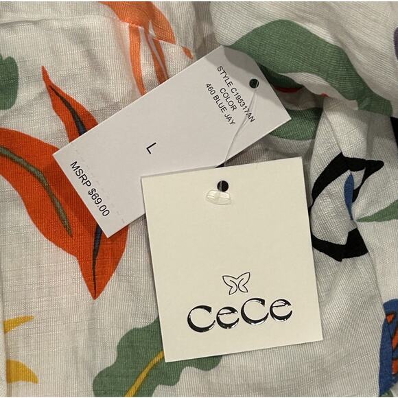 NEW CeCe Multi-Color Print Puff Sleeve V-Neck Tie Front Peplum Blouse Size Large - Picture 9 of 10